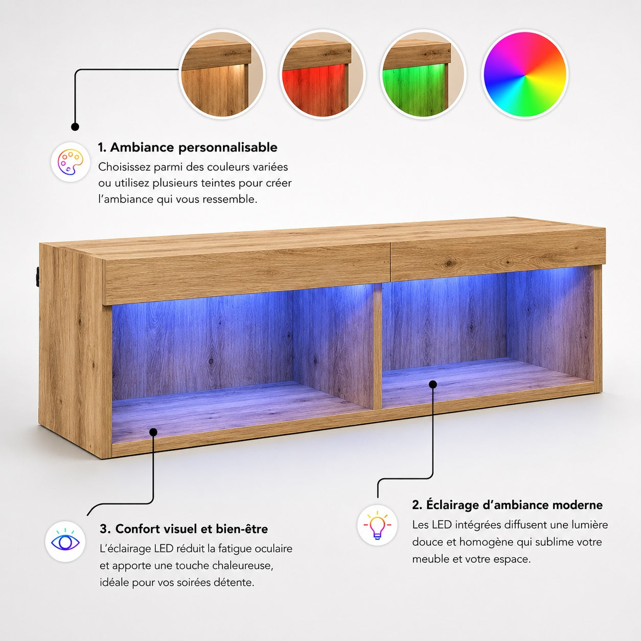 Meuble TV suspendu en bois avec LED multicolore personnalisable pour salon moderne