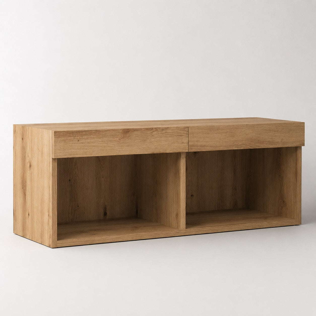 Meuble TV suspendu en bois chêne artisanal avec deux niches ouvertes au design moderne et épuré