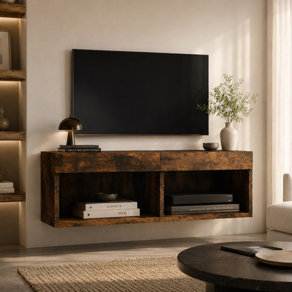Meuble TV suspendu en bois chêne fumé dans salon moderne au style contemporain