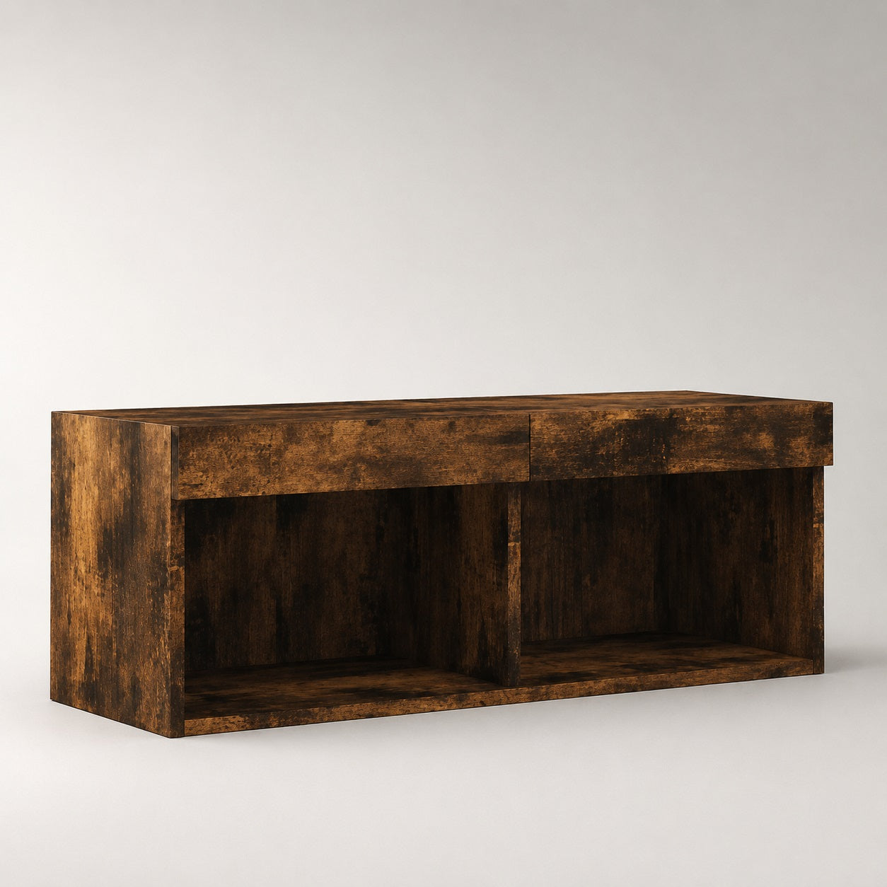 Meuble TV suspendu en bois finition chêne fumé avec rangements ouverts design moderne