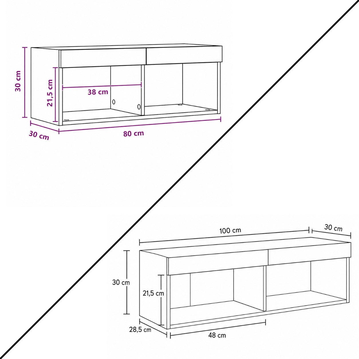 Dimensions du meuble TV suspendu en bois avec niches ouvertes et faible profondeur