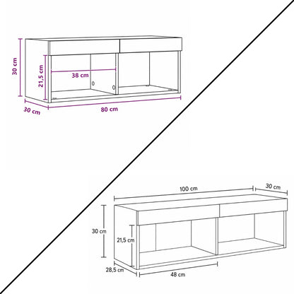 Dimensions du meuble TV suspendu en bois avec niches ouvertes et faible profondeur
