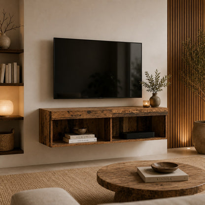 Meuble TV suspendu en bois effet vieux bois dans salon chaleureux et moderne