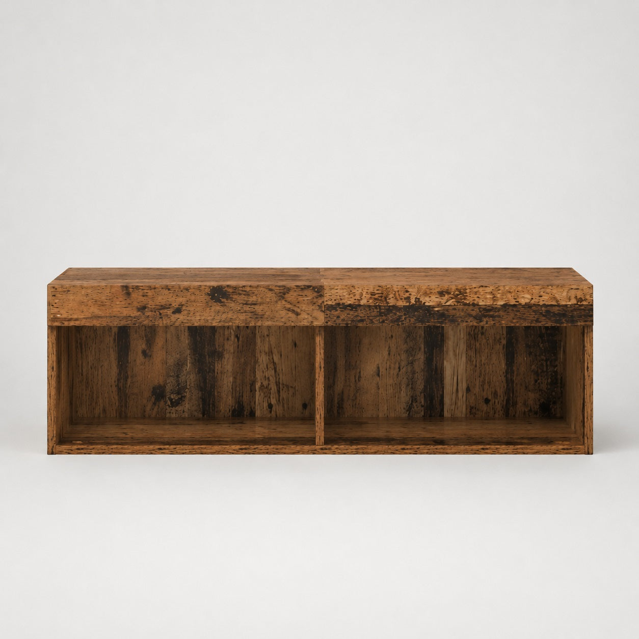Meuble TV suspendu en bois vieux bois avec rangements ouverts style industriel
