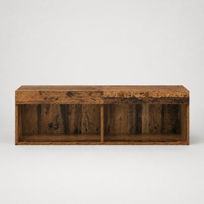Meuble TV suspendu en bois vieux bois avec rangements ouverts style industriel