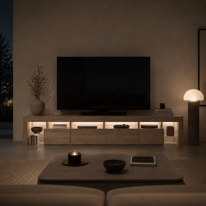 Meuble TV bois avec rangement spacieux et éclairage LED ambiance design moderne
