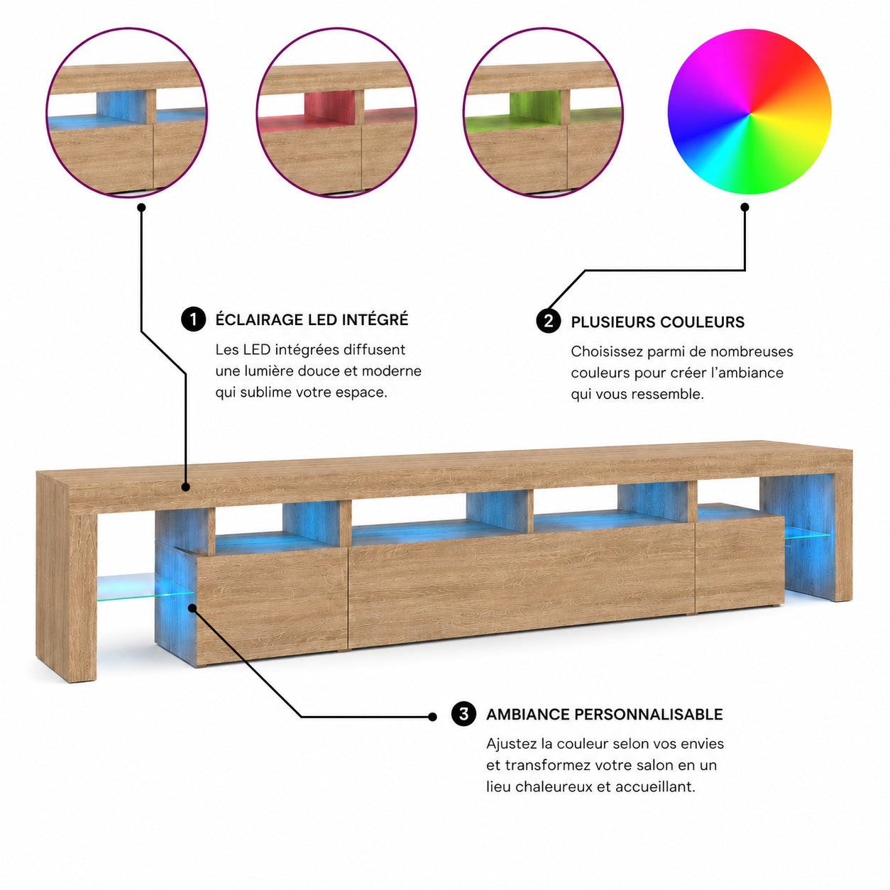 Meuble TV bois avec rangement LED multicolore et étagères en verre trempé