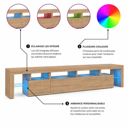 Meuble TV bois avec rangement LED multicolore et étagères en verre trempé