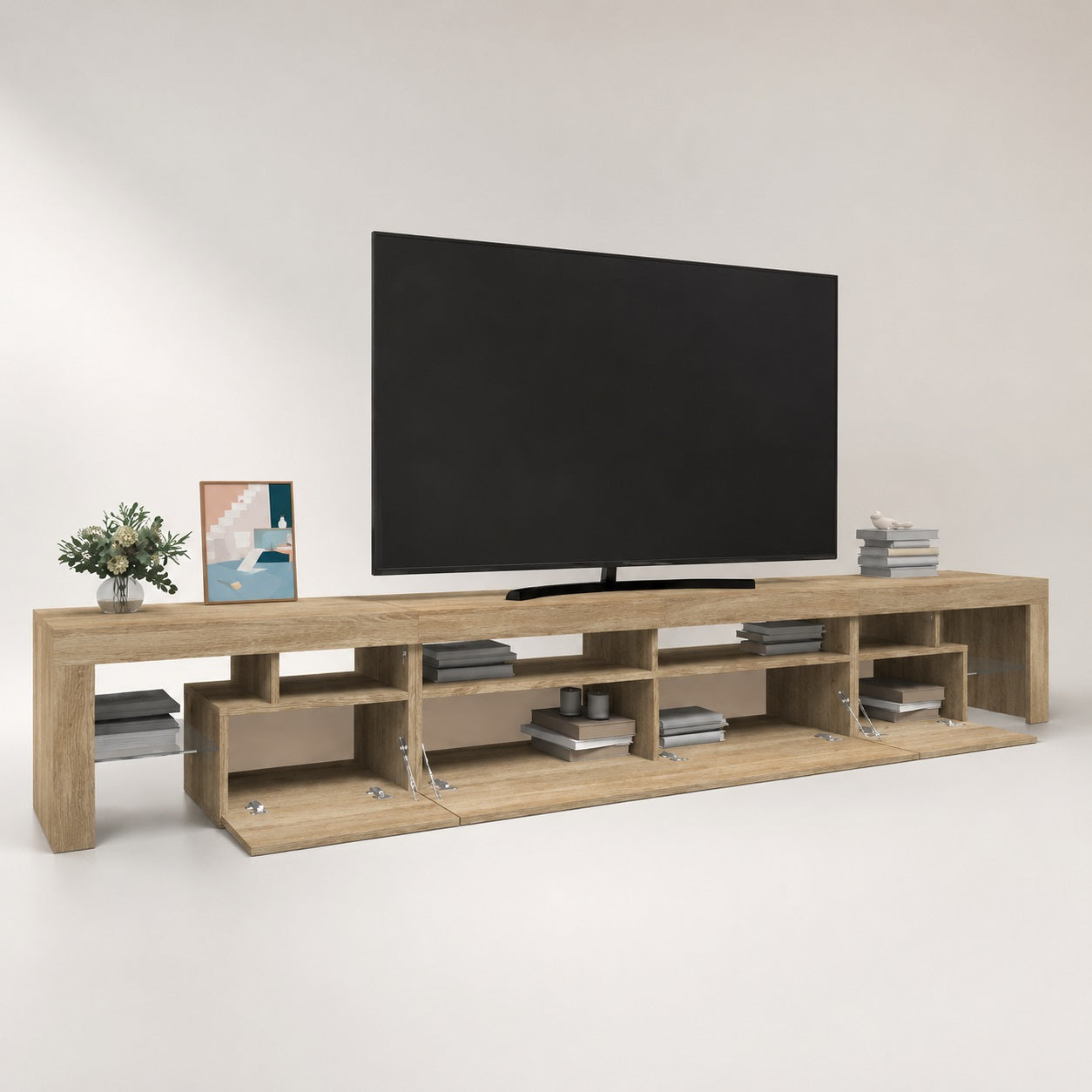 Meuble TV bois avec rangement ouvert et compartiments pour box et accessoires