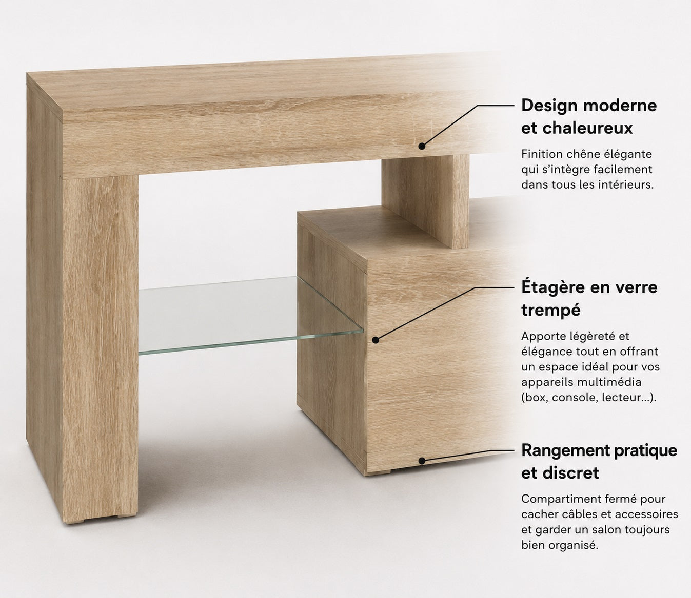 Meuble TV bois avec rangement pratique et étagères verre style moderne élégant