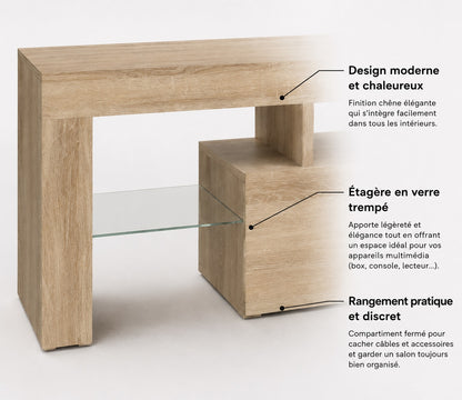 Meuble TV bois avec rangement pratique et étagères verre style moderne élégant