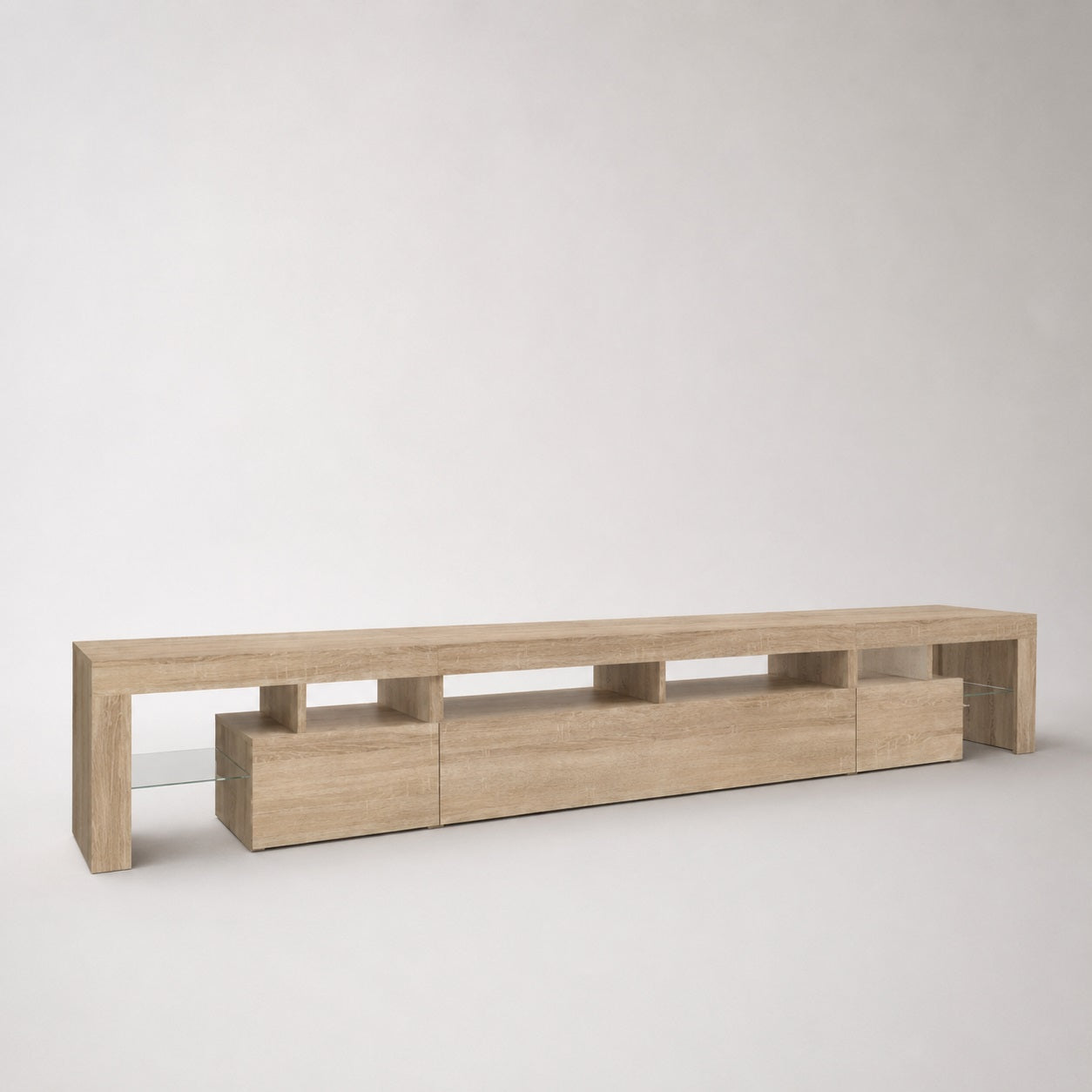 Meuble TV bois chêne moderne avec rangement et étagères en verre pour salon contemporain