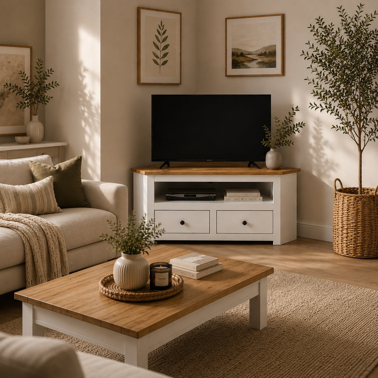 Meuble TV d'angle blanc et bois dans salon chaleureux, meuble TV en bois avec rangements
