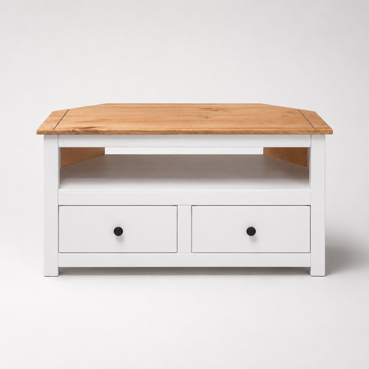 Meuble TV d'angle blanc avec plateau bois et deux tiroirs, meuble TV en bois compact