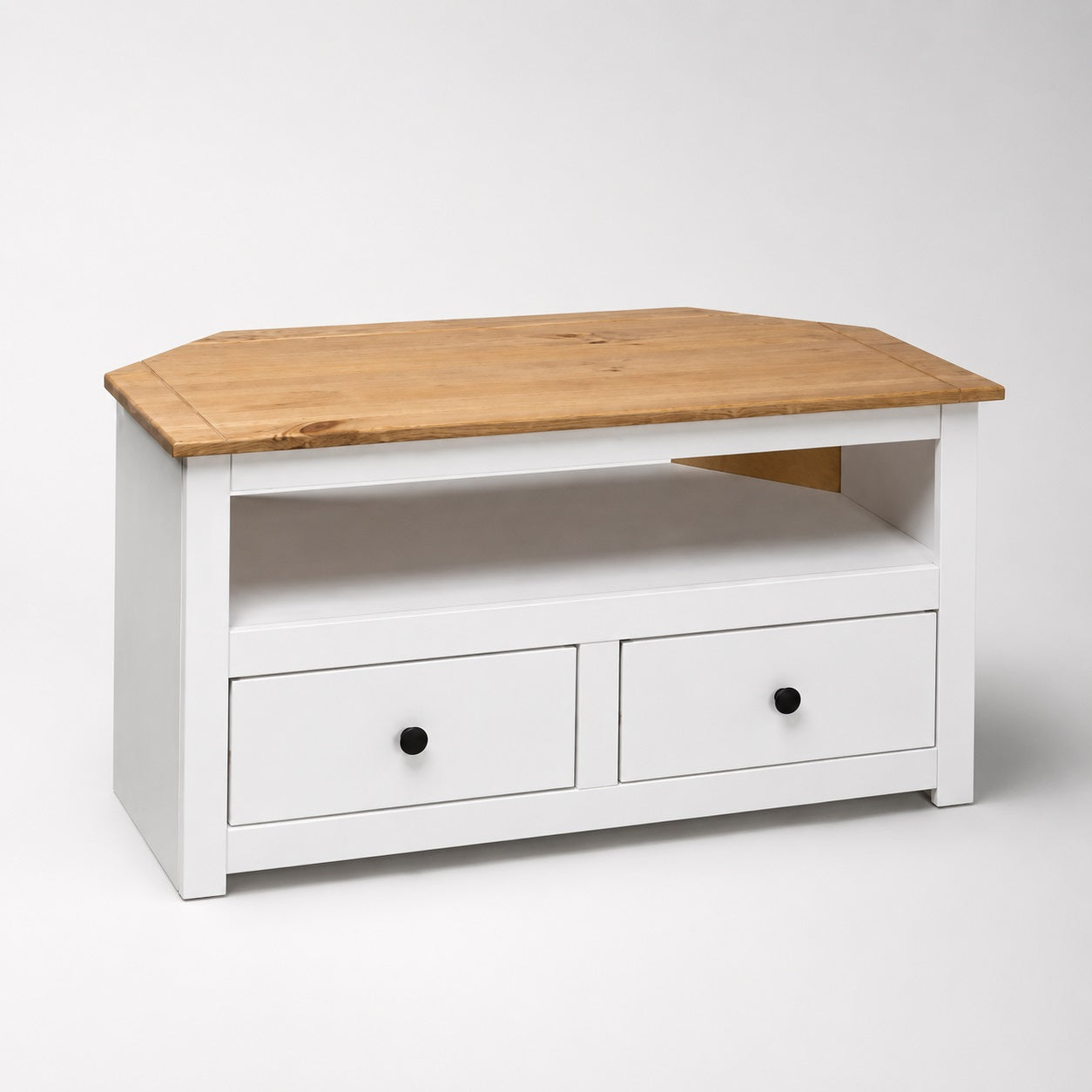 Meuble TV d'angle blanc et bois avec 2 tiroirs, meuble TV en bois au style campagne chic
