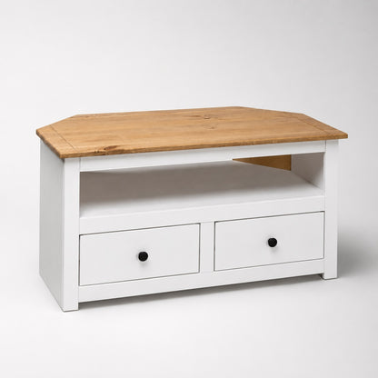 Meuble TV d'angle blanc et bois avec 2 tiroirs, meuble TV en bois au style campagne chic