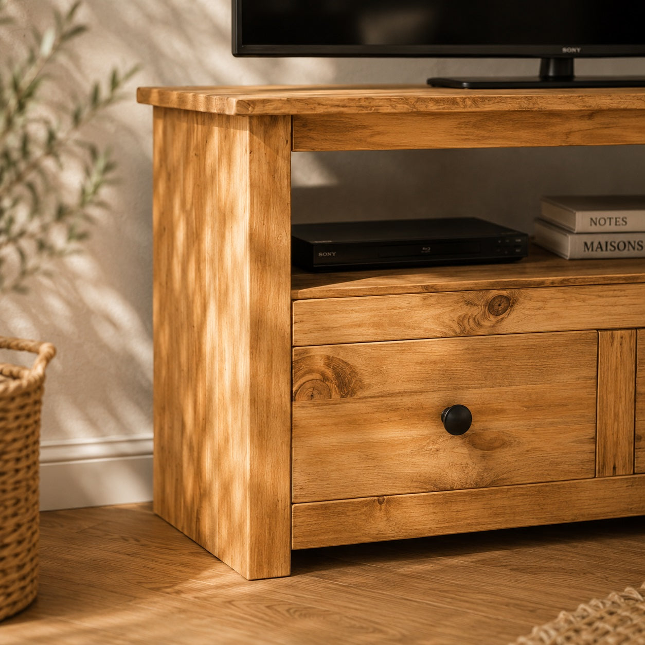 Meuble TV d'angle en bois avec rangements intégrés dans un salon au style authentique