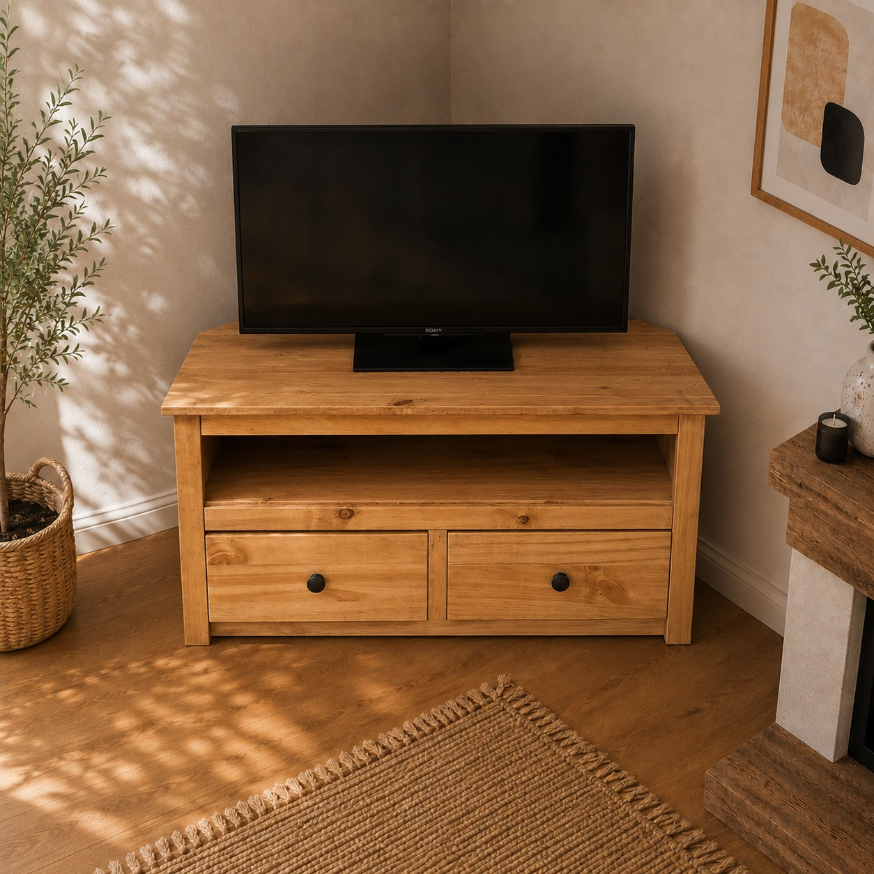 Détail d'un meuble TV d'angle en bois, finition naturelle et structure robuste