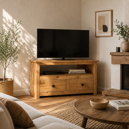 Meuble TV d'angle en bois dans salon naturel, meuble TV en bois chaleureux et fonctionnel