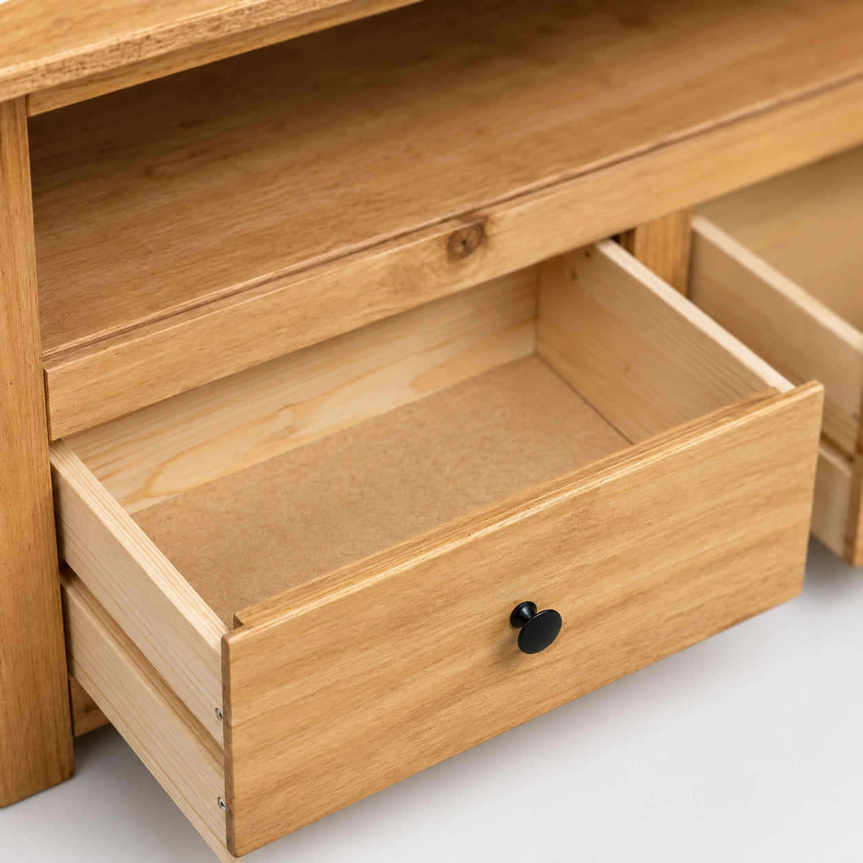 Tiroir de meuble TV d'angle en bois avec poignée noire et rangement spacieux