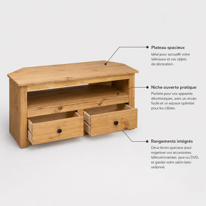 Meuble TV d'angle en bois avec niche ouverte, plateau spacieux et deux tiroirs intégrés