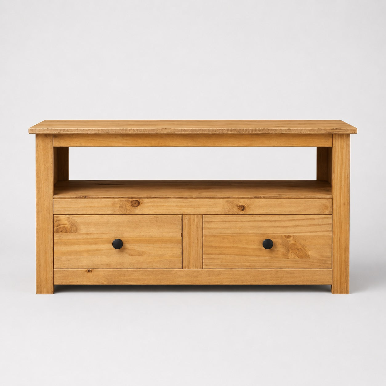 Meuble TV d'angle en bois avec niche ouverte et deux tiroirs, meuble TV en bois compact