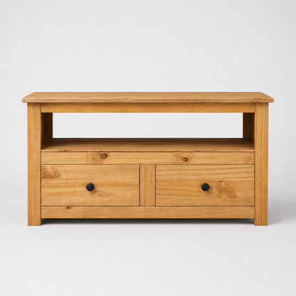 Meuble TV d'angle en bois avec niche ouverte et deux tiroirs, meuble TV en bois compact