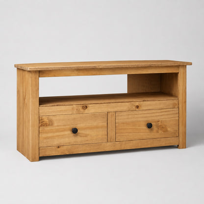 Meuble TV d'angle en bois massif avec niche ouverte et tiroirs de rangement pratiques