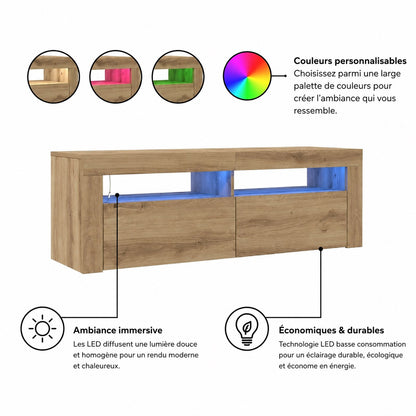 Meuble TV avec Led en bois chêne artisanal, éclairage personnalisable RGB et rangement moderne