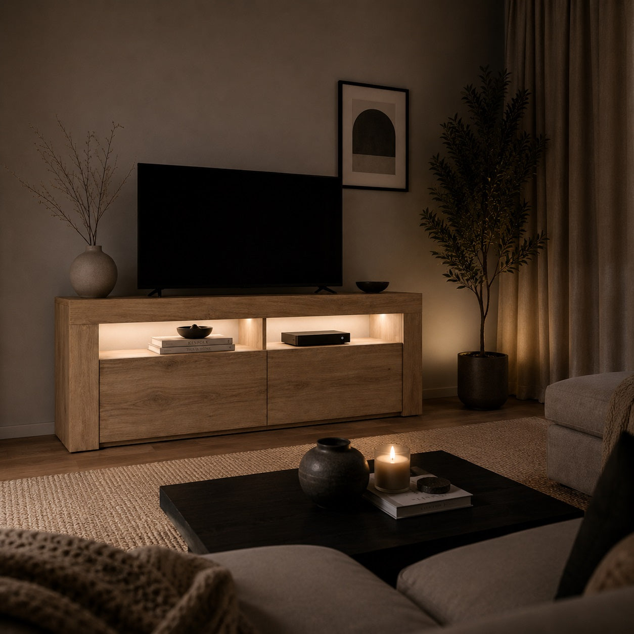 Meuble TV avec Led en bois effet chêne, éclairage d’ambiance et rangements élégants pour salon