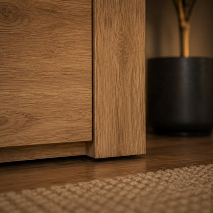 Gros plan sur le pied d’un meuble TV en bois chêne artisanal au style moderne et épuré