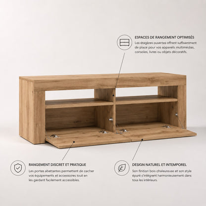 Meuble TV en bois avec Led, portes abattantes et espaces de rangement optimisés