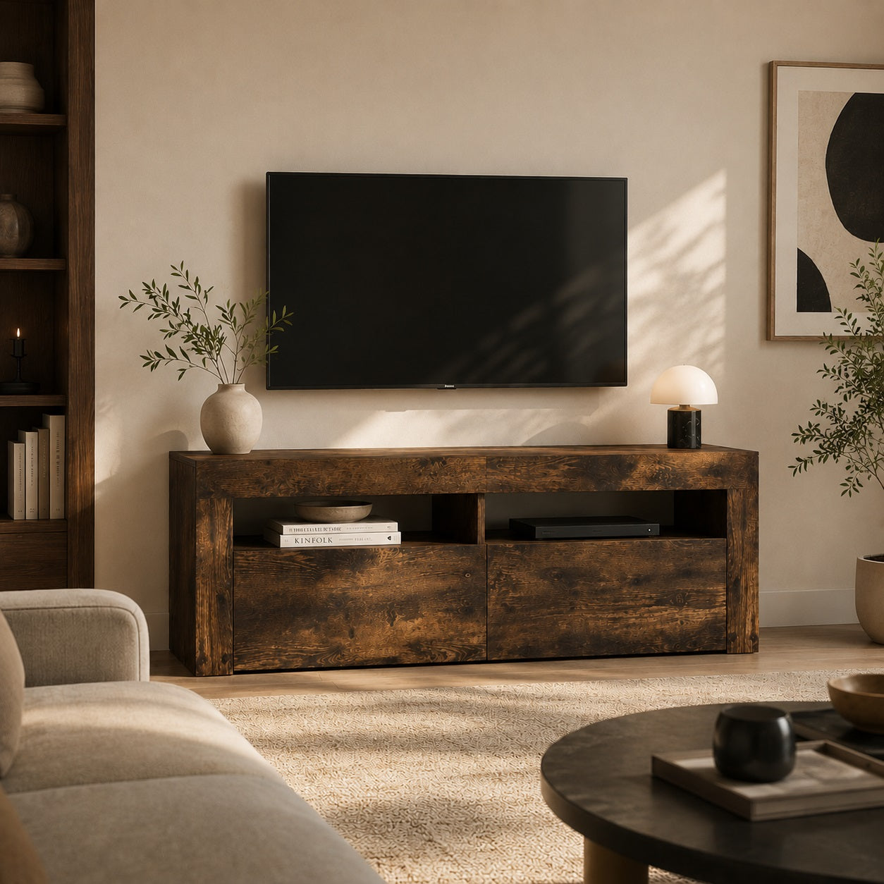 Meuble TV en bois chêne fumé dans un salon moderne avec espace multimédia et rangement élégant