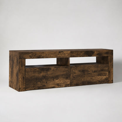 Meuble TV en bois chêne fumé avec rangements fermés et niches ouvertes au design contemporain