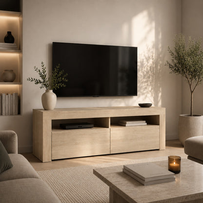 Meuble TV en bois chêne sonoma dans un salon lumineux avec rangements et design intemporel