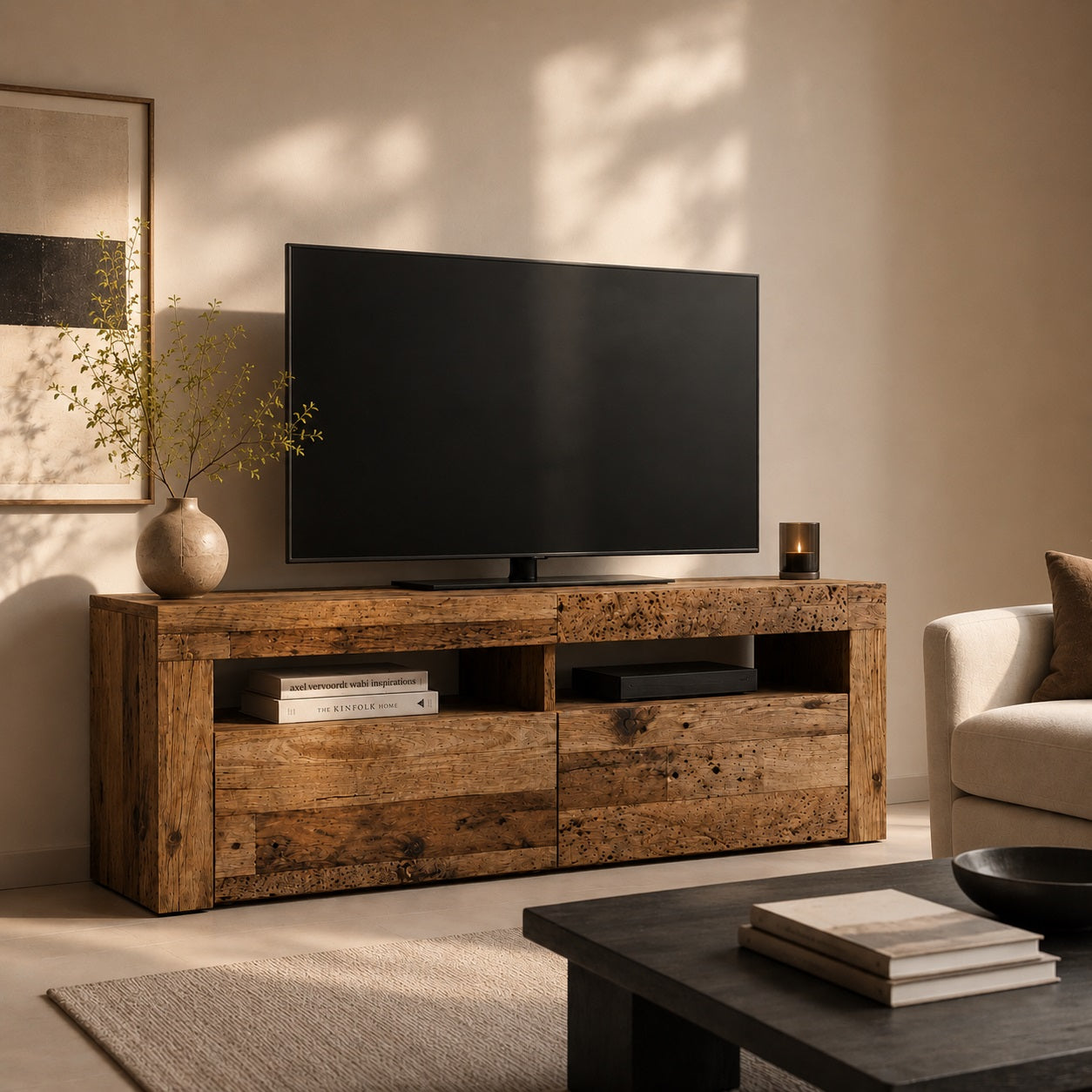 Meuble TV en bois effet vieux bois dans un salon chaleureux au design naturel et authentique