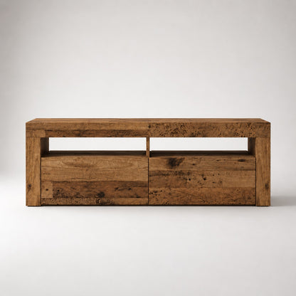 Meuble TV en bois effet vieux bois avec rangements fermés et niches ouvertes au style authentique et contemporain