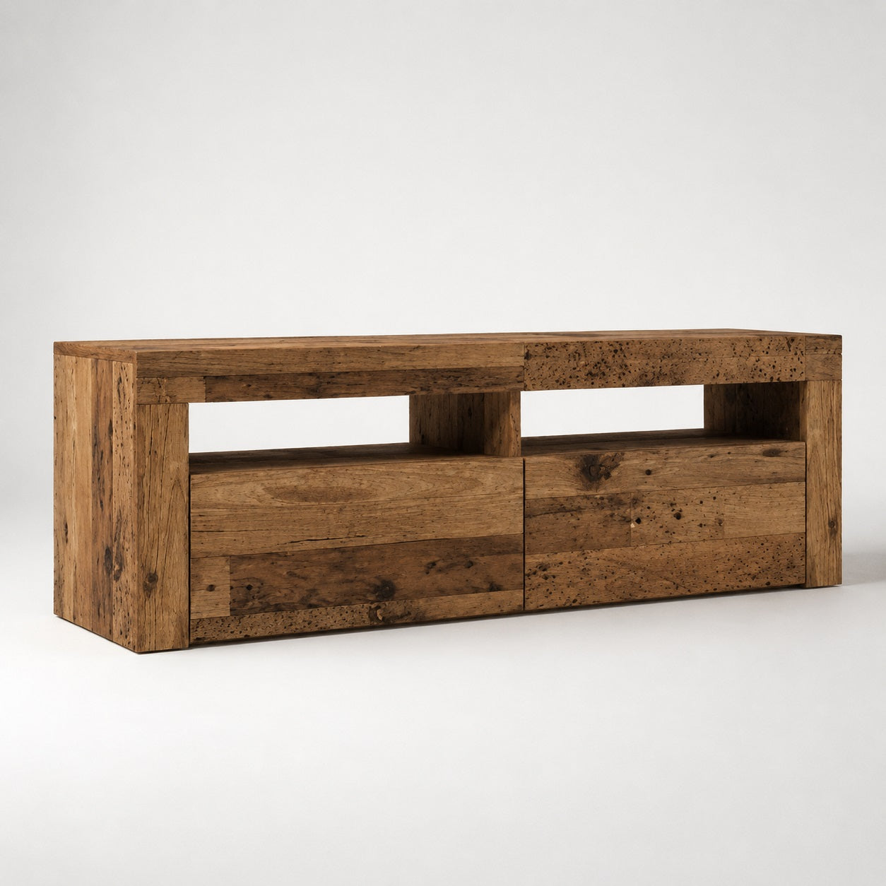 Meuble TV en bois effet vieux bois avec portes abattantes et style rustique contemporain