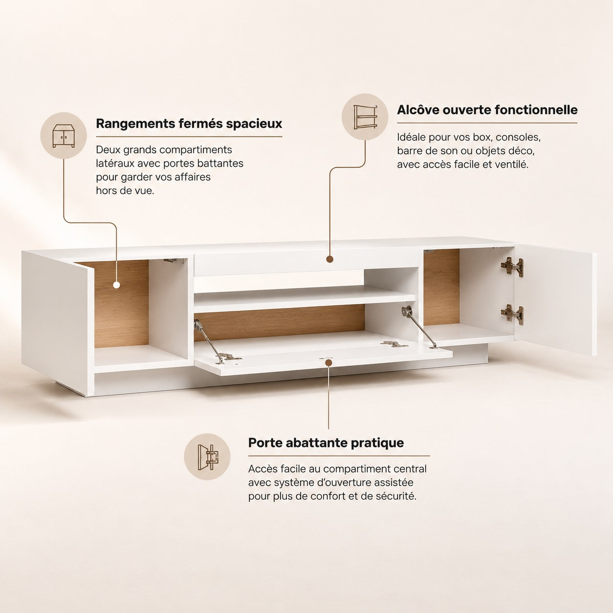 Meuble TV moderne avec rangement et LED, compartiments spacieux et alcôve ouverte fonctionnelle.