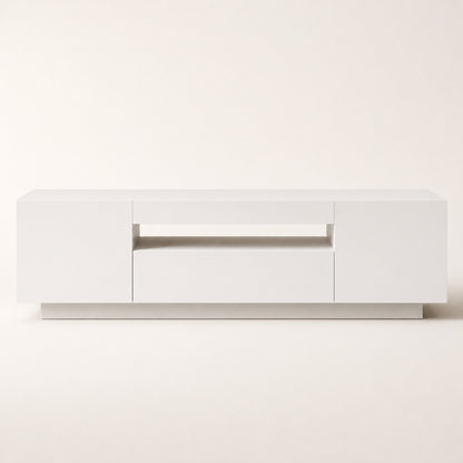 Meuble TV moderne blanc avec rangement et LED, vue frontale minimaliste au design contemporain.