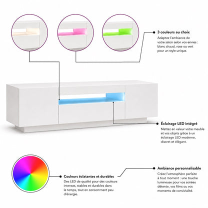Meuble TV moderne avec rangement et LED RGB personnalisable, éclairage multicolore intégré.