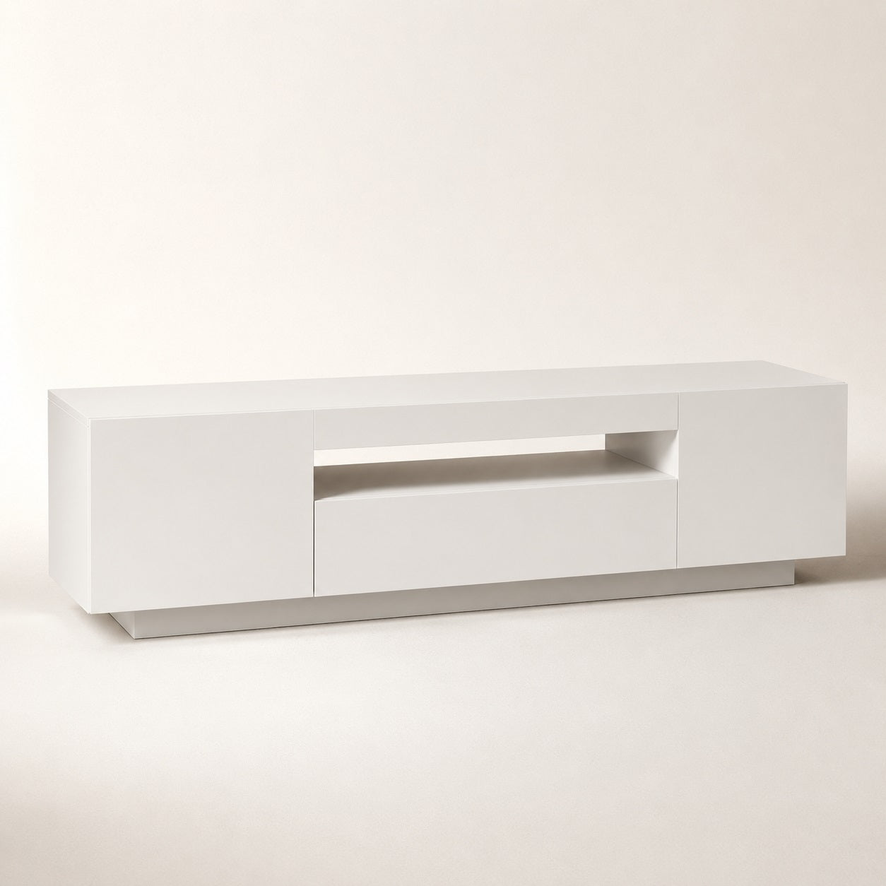 Meuble TV moderne blanc avec rangement et LED intégrée, design minimaliste et finition mate élégante.