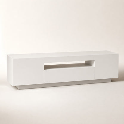 Meuble TV moderne blanc avec rangement et LED intégrée, design minimaliste et finition mate élégante.