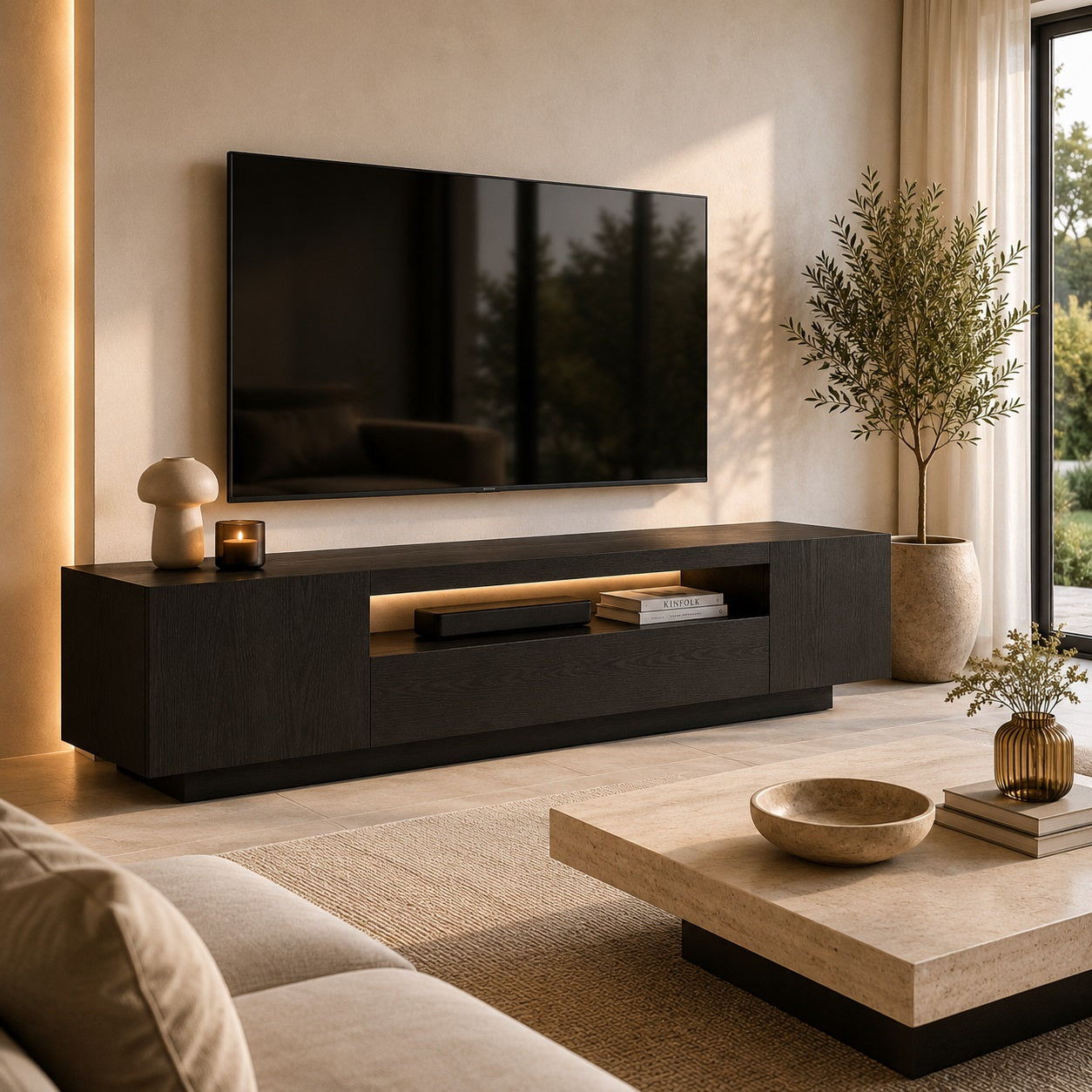Meuble TV moderne noir avec rangement et LED, design contemporain chaleureux dans salon élégant.