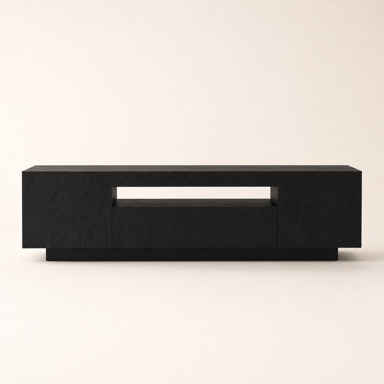 Meuble TV moderne noir avec rangement et LED intégrée, finition bois foncé minimaliste.