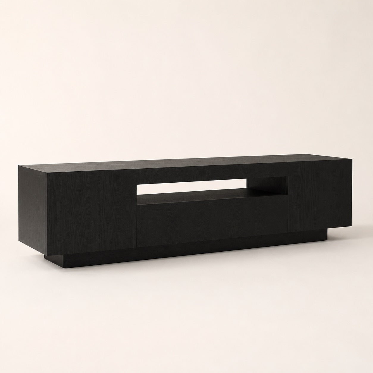 Meuble TV moderne noir avec rangement et LED, finition chêne noir élégante et style contemporain.