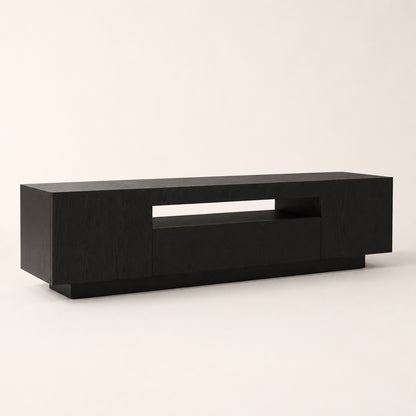 Meuble TV moderne noir avec rangement et LED, finition chêne noir élégante et style contemporain.