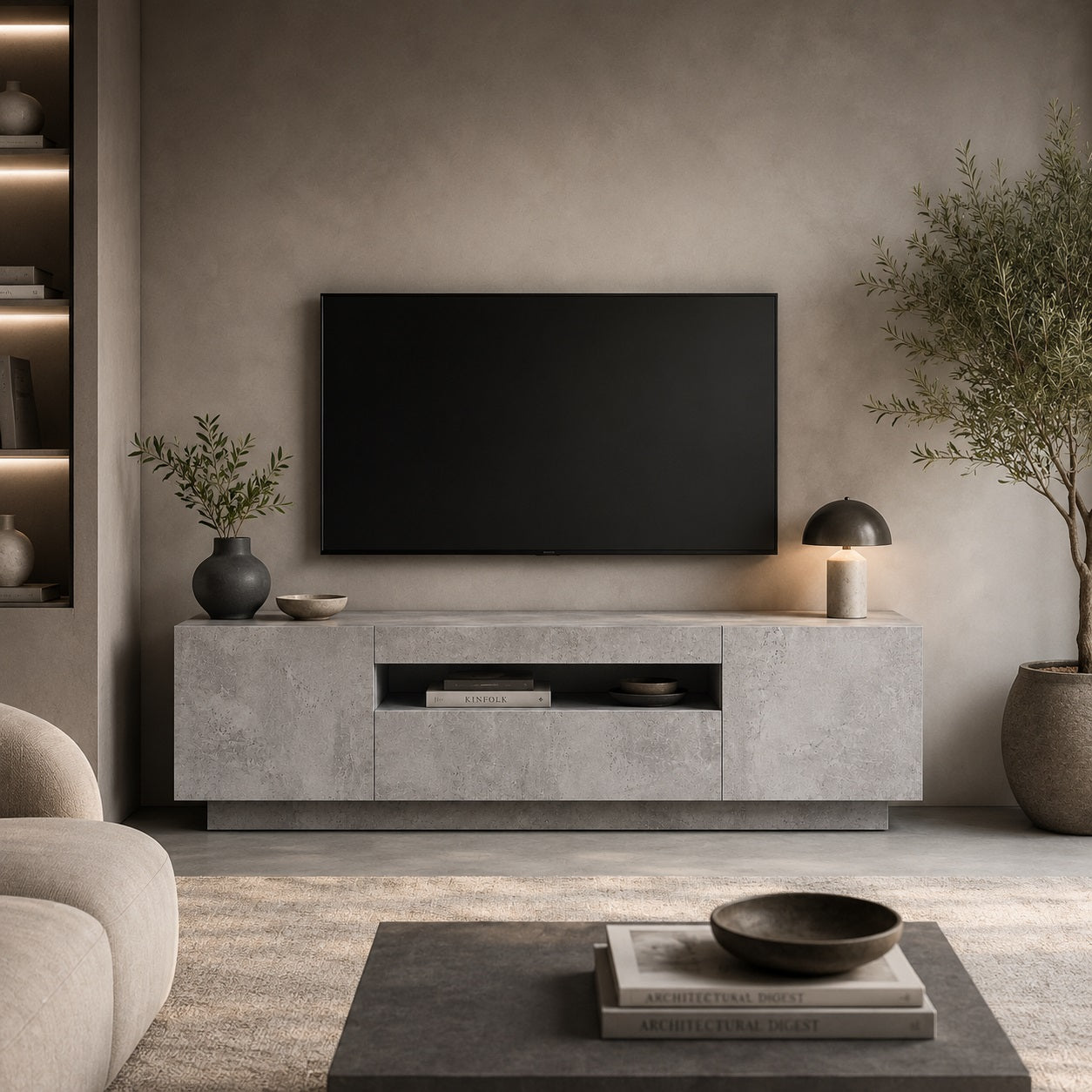 Meuble TV moderne avec rangement et LED, meuble effet béton dans salon design et épuré.