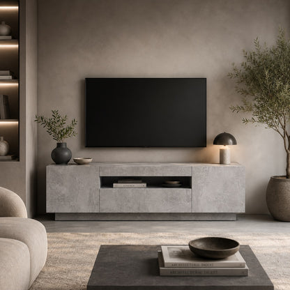 Meuble TV moderne avec rangement et LED, meuble effet béton dans salon design et épuré.
