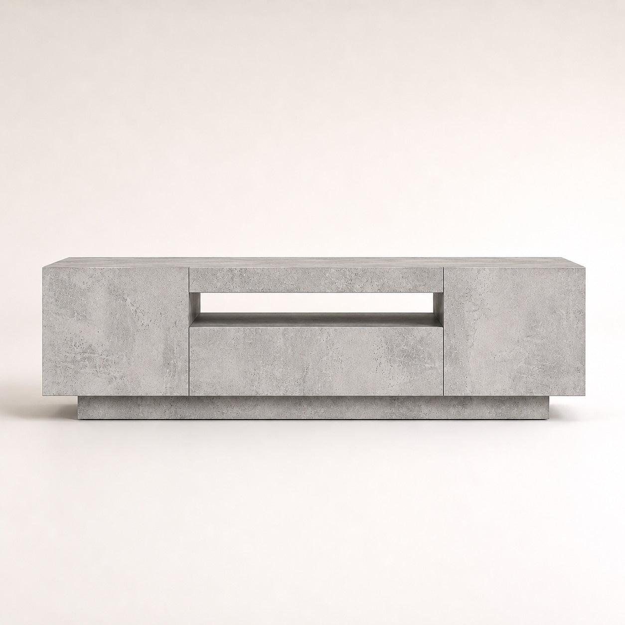 Meuble TV moderne gris avec rangement et LED intégrée, vue frontale au design minimaliste.